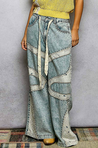 Stud Eyelet Lace Patch Wide Leg Pants