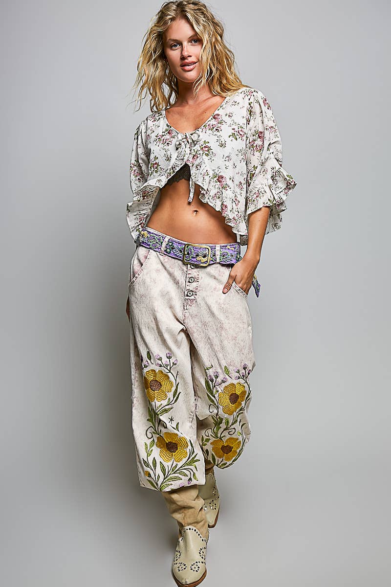 Lightweight Tie Neckline Floral Ruffle Woven Cropped Top