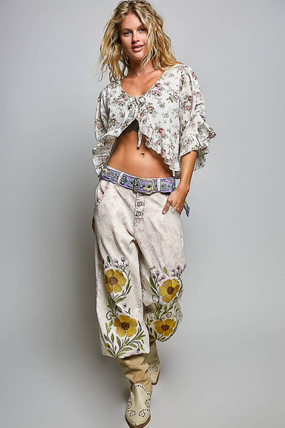 Lightweight Tie Neckline Floral Ruffle Woven Cropped Top