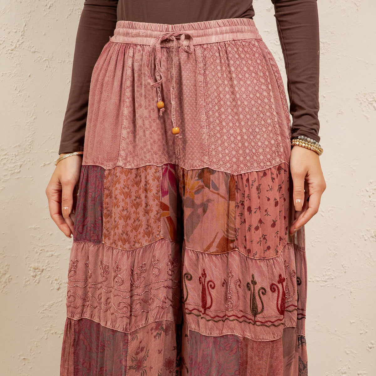 Boho Artisan Tiered Patchwork Wide-Leg Pants