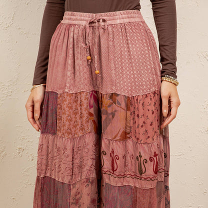 Boho Artisan Tiered Patchwork Wide-Leg Pants