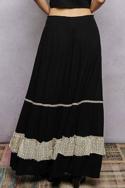 Smocked Waist Ruffle Embroidered Fringe Long Skirt