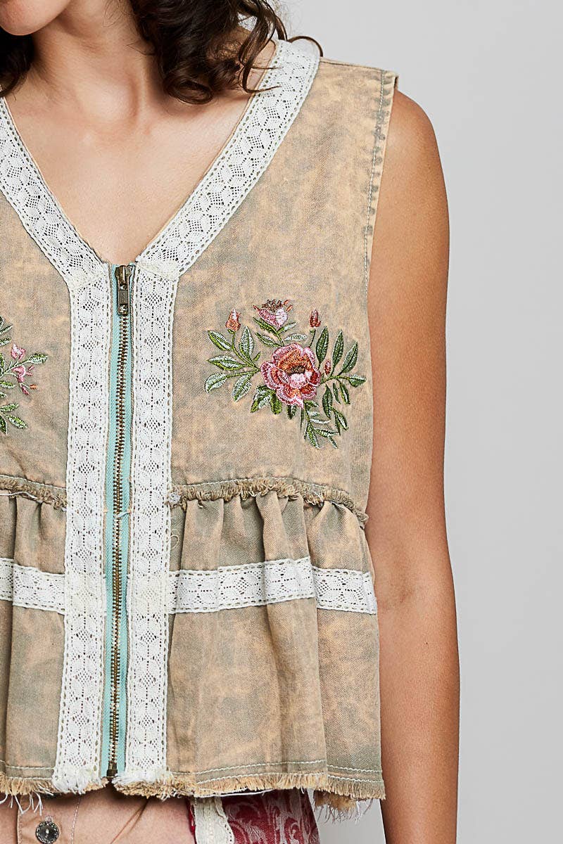 Embroidered Raw Edge Vintage Washing Twill Vest Jacket Top