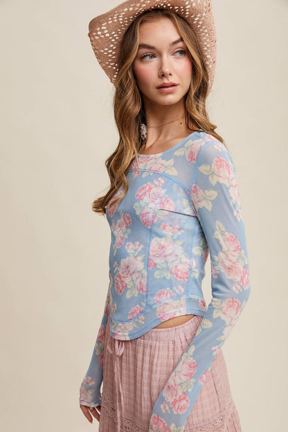 Floral Mesh Long Sleeve Layering Top