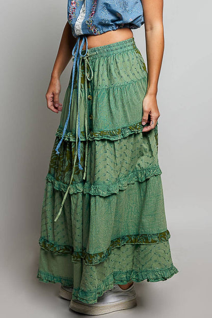 Boho Tie Waistband Patchwork Tiered Ruffle Maxi Skirt
