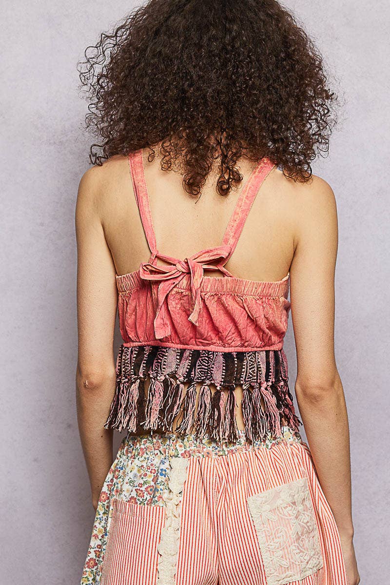 Round Neck Sleeveless Lace Fringe Tassel Textured Woven Top
