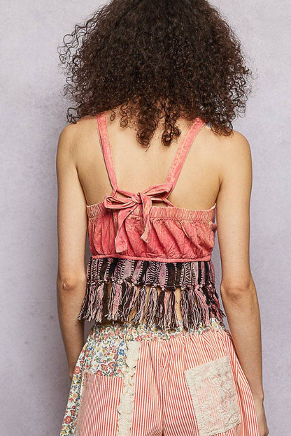 Round Neck Sleeveless Lace Fringe Tassel Textured Woven Top