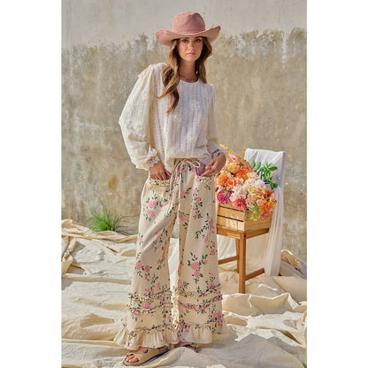 WASHED FLOWER PRINTED TWILL RUFFLED DETAIL WIDE PANTS