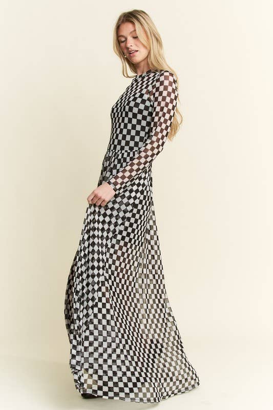 BLACK CHECKER PRINT MAXI DRESS