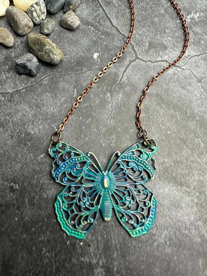 Filigree Butterfly Necklace - Solid Brass with Blue Patina
