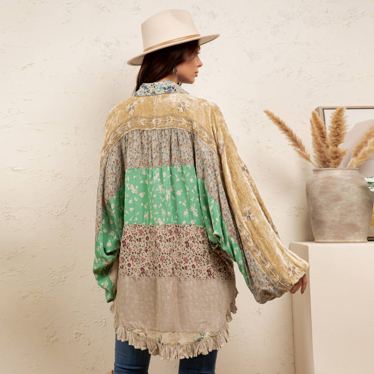 Vintage Mixed Print Patchwork Bat Sleeve Top -Ruffle Hem NEW