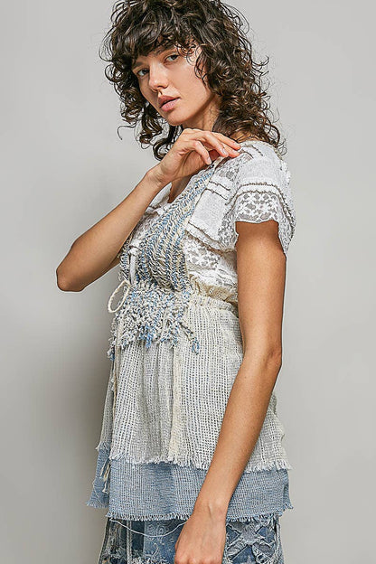 Stripe Loop Point Ruffle V-Neck Crochet Bra Top Sleeveless