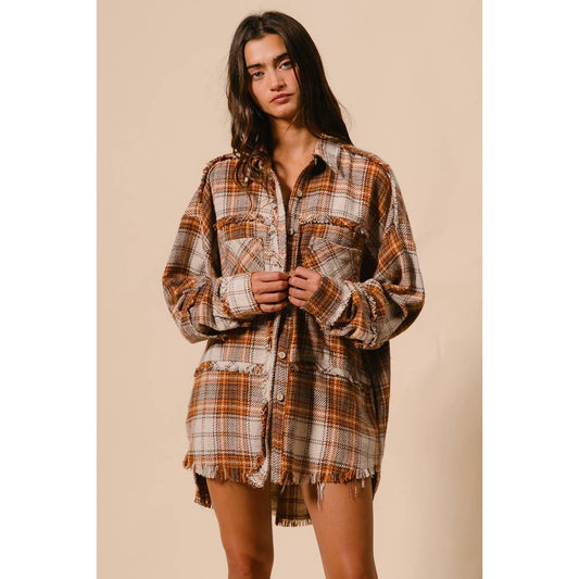 Checked Woven Frayed Shacket