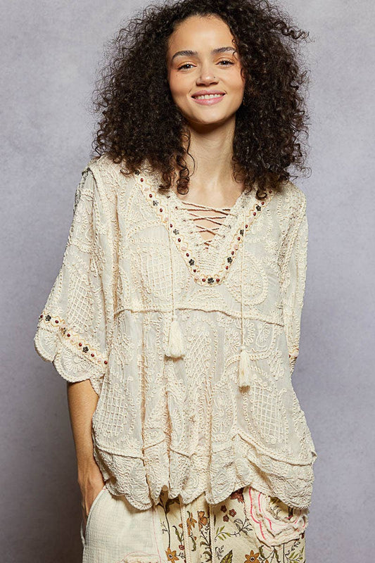 Short Sleeve Adjustable Drawstring Crochet V Neck Top