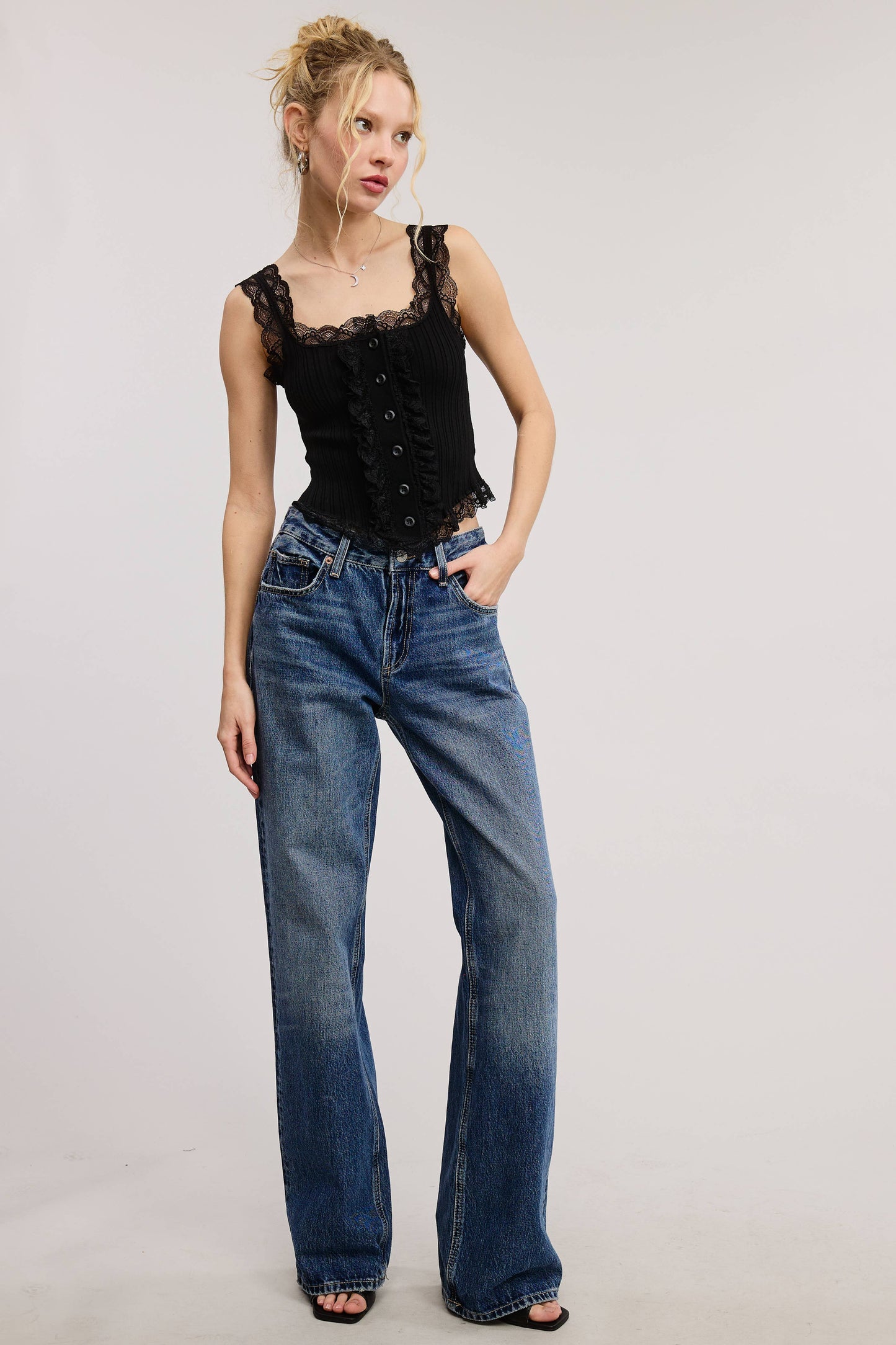 Scalloped Lace Trim Corset-Bodice Knit Tank Top