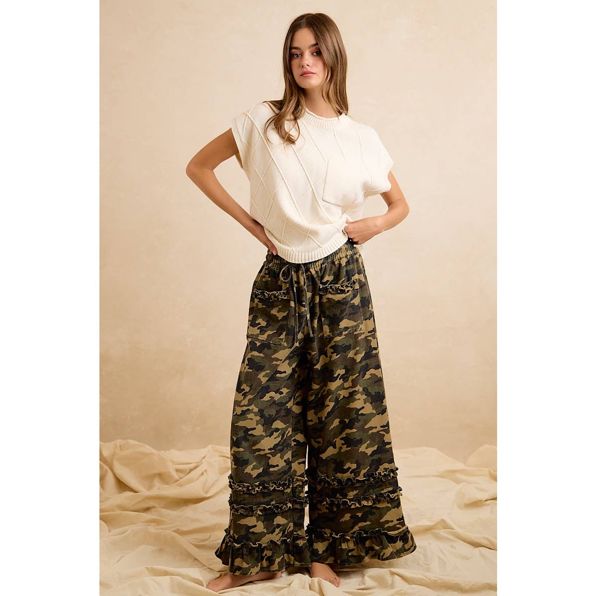 CAMOUFLAGE PRINTED TWILL RUFFLED DETAIL WIDE PANTS