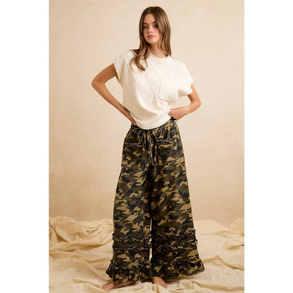 CAMOUFLAGE PRINTED TWILL RUFFLED DETAIL WIDE PANTS