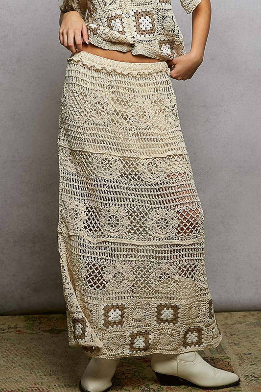 Granny Square Weave Ruffle Waistband Crochet Maxi Skirt