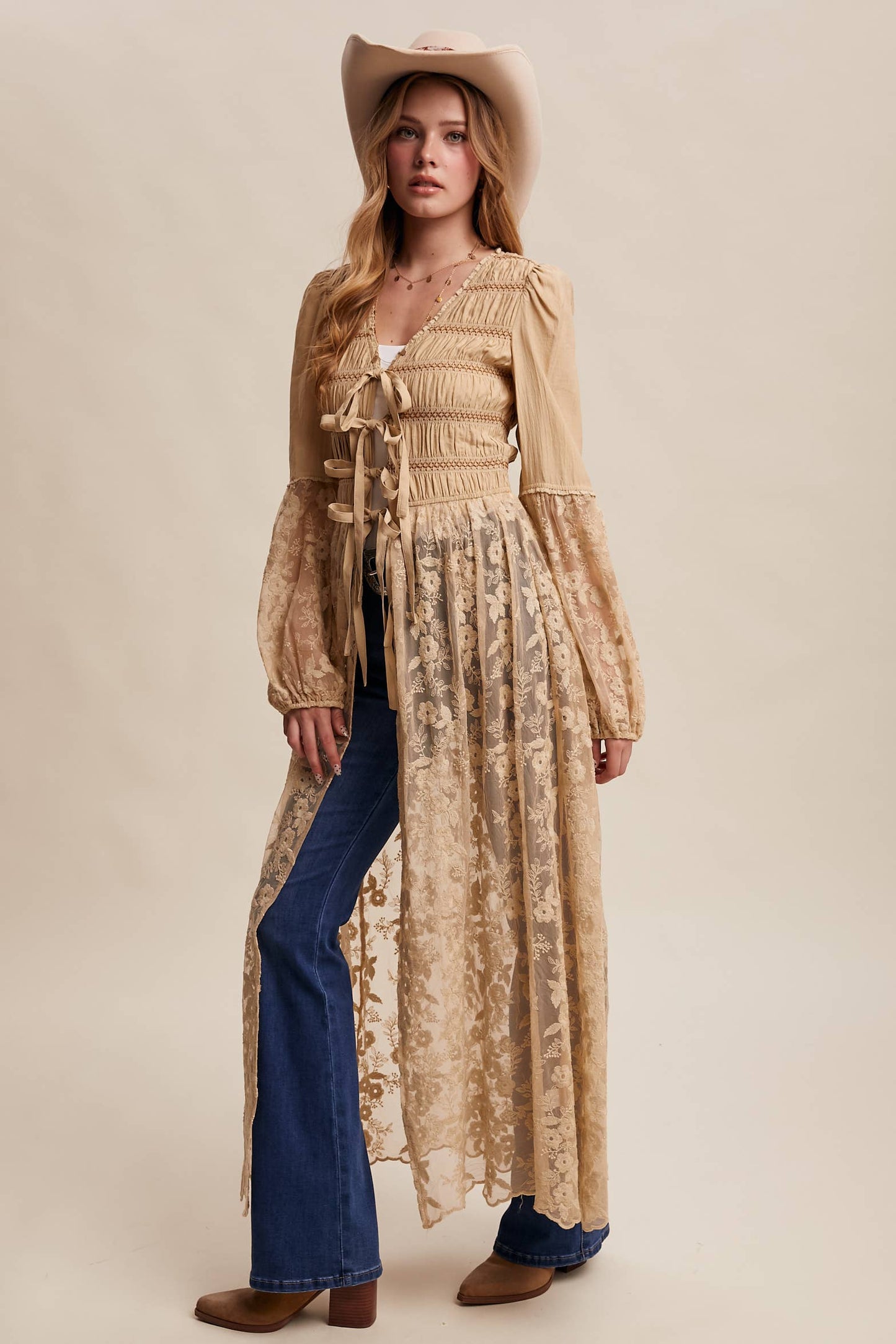 Lace-Up Embroidered Maxi Kimono