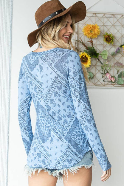 Paisley Print Snap Button Down Henley Top