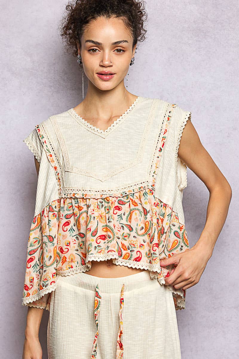 V-neck Floral Ruffle Sleeveless Top