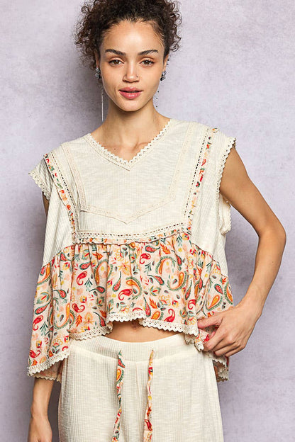 V-neck Floral Ruffle Sleeveless Top