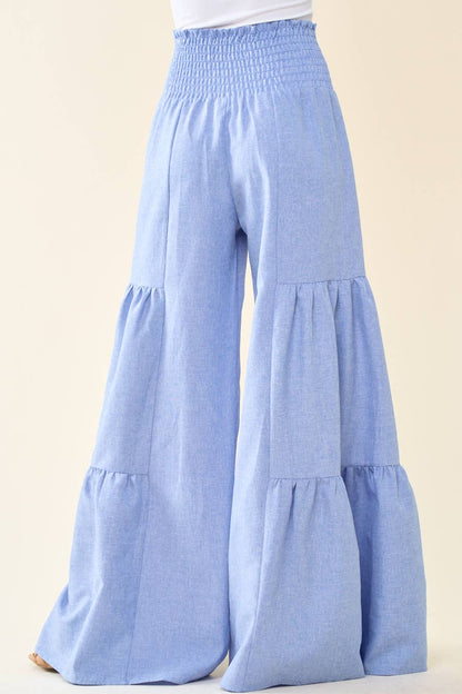 DENIM SMOCKING WAIST TIER WIDE PANTS