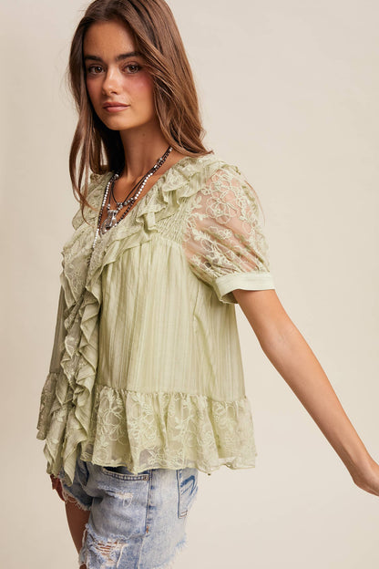 Lace Trim Ruffle Peplum Blouse