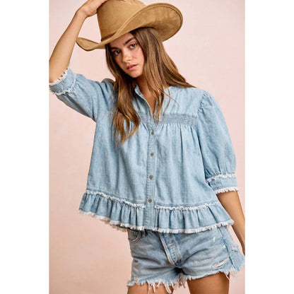 WASHED LIGHT DENIM SMOCKED DETAIL RUFFLED HEM TOP