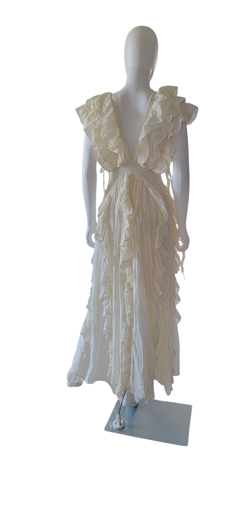 Cotton Long Ruffled Dress With Side Tie Strings Ivory