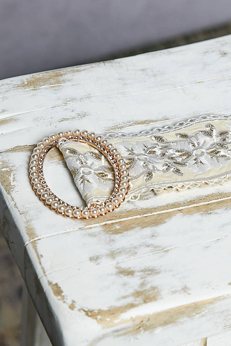 Embroidered Floral Lace Belt with Pearls