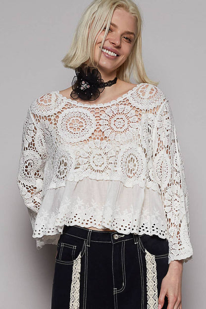 White 3/4 Sleeve Round Neck Eyelet Crochet Top