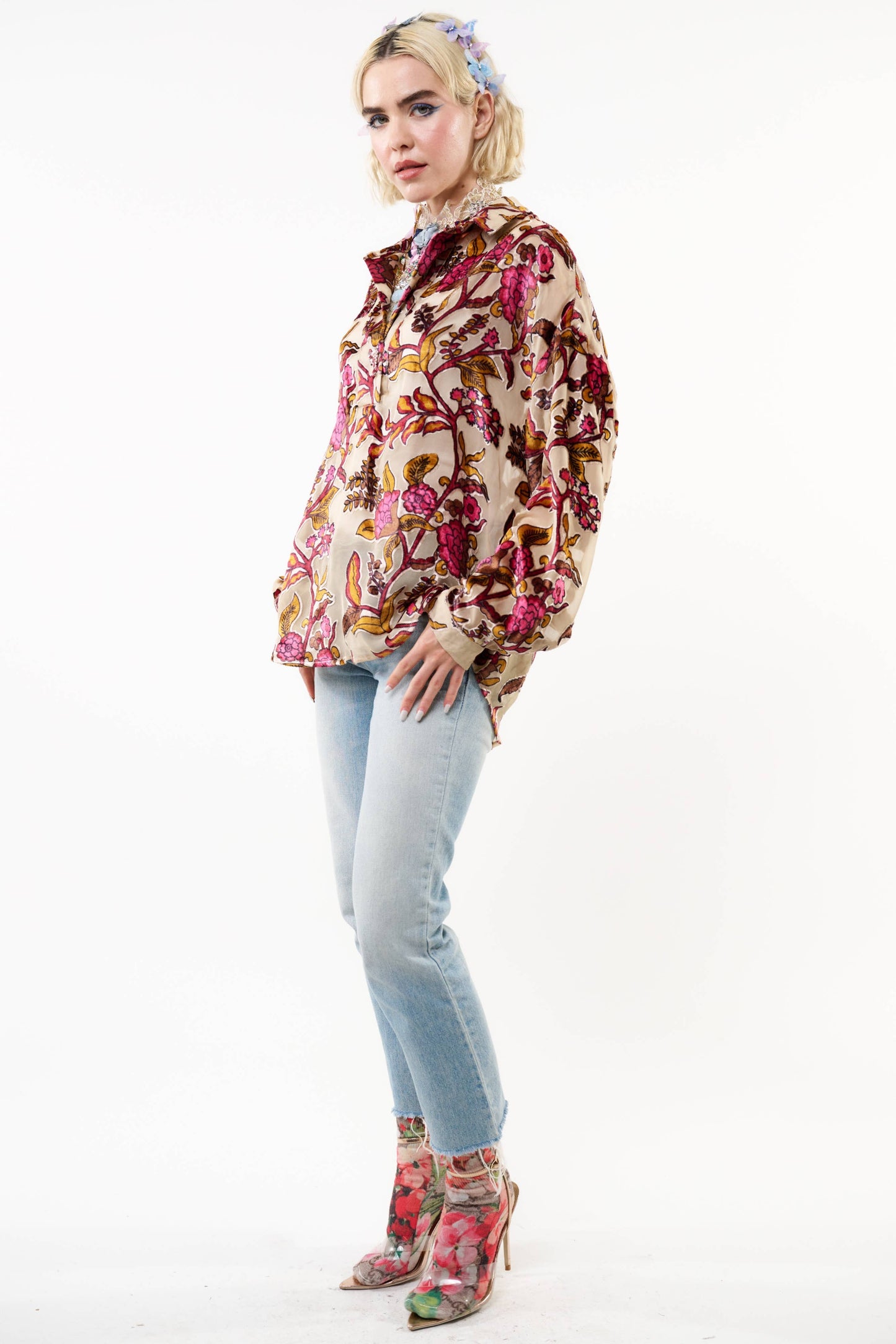 Ivory Holiday Jewels Burnout Velvet Blouse
