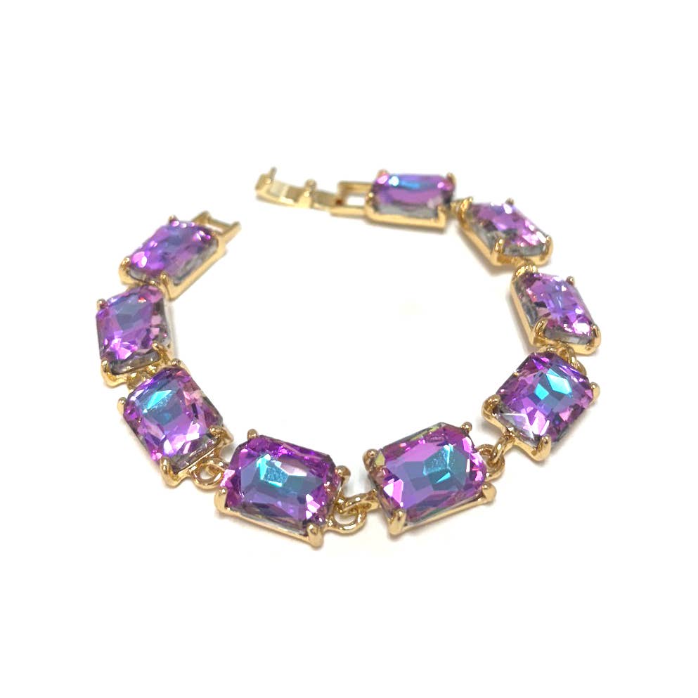 Emerald Cut Glass Crystal Linked Statement Bracelet