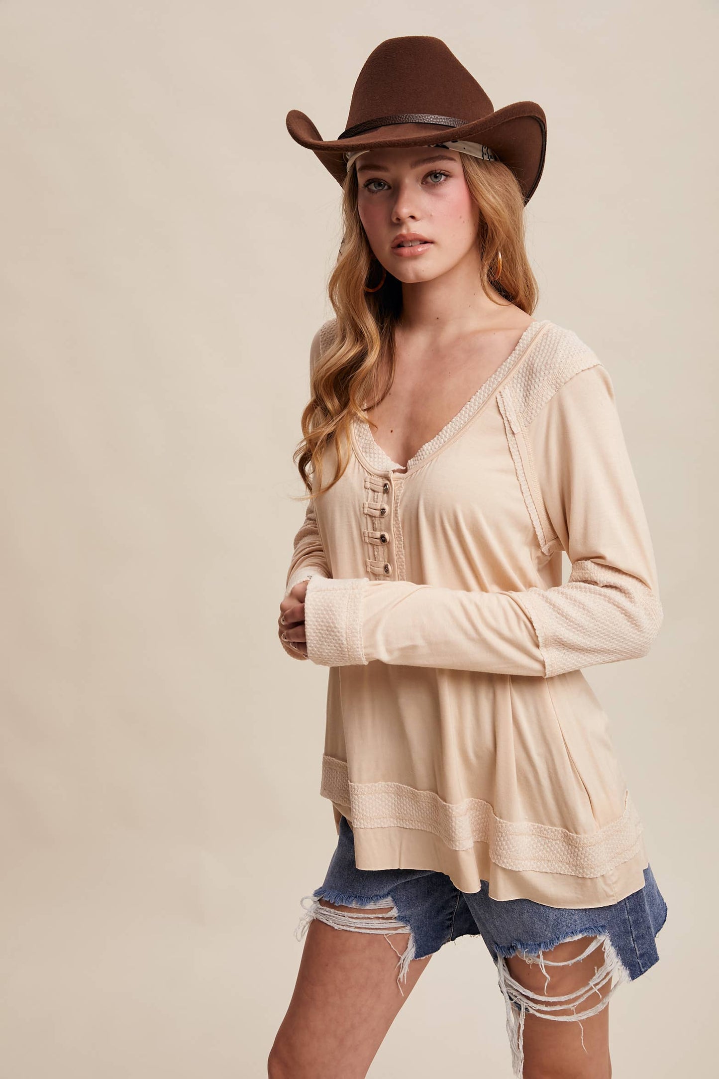 Textured Panel Button Henley Top