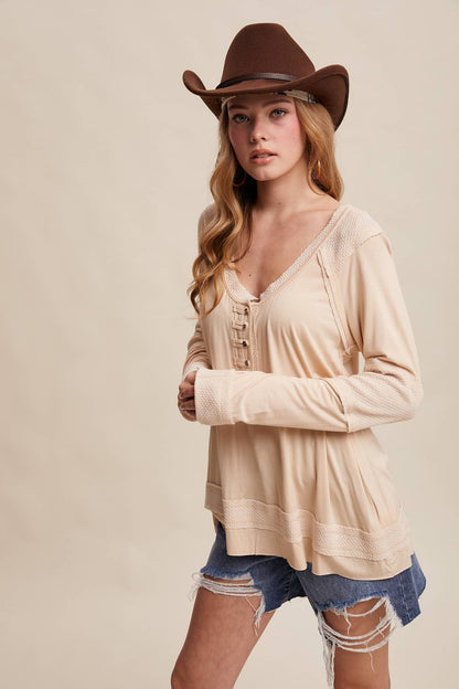 Textured Panel Button Henley Top