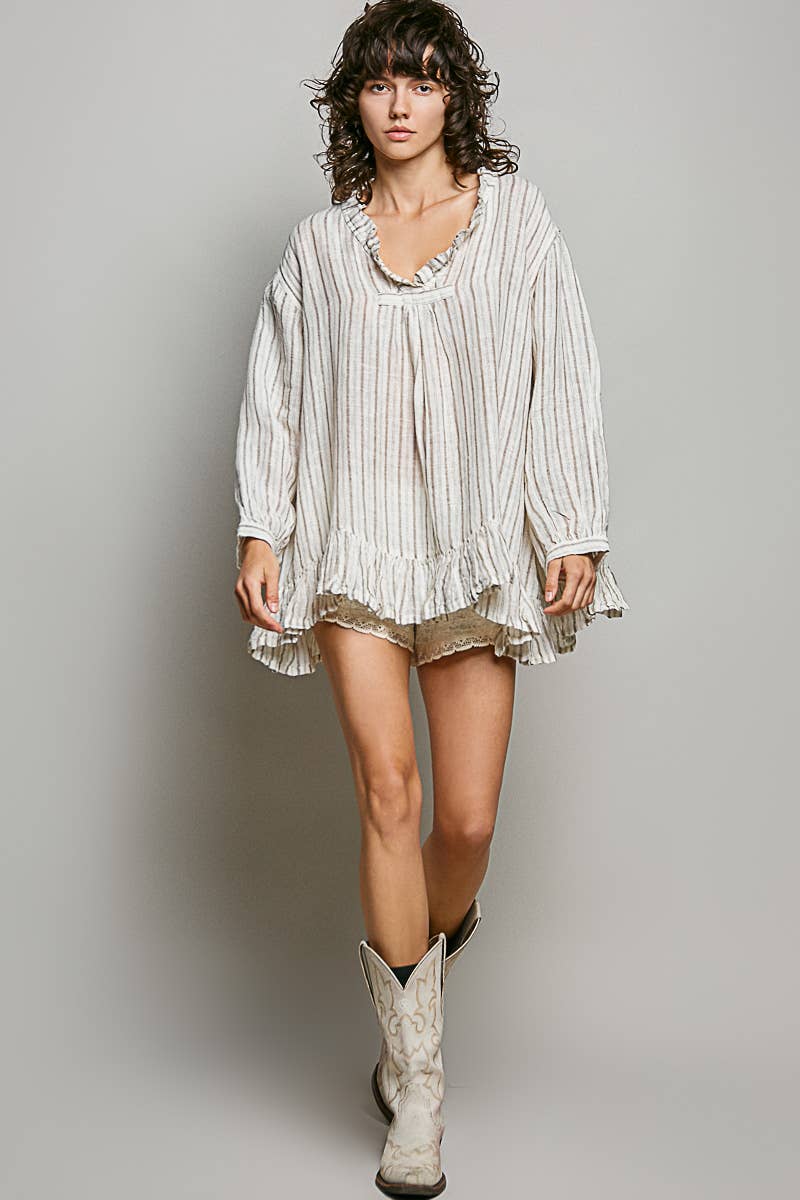 Deep V-Neck Stripe Cotton Ruffle Blouse
