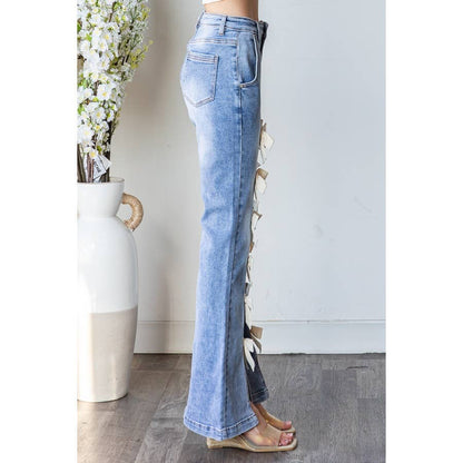 RIBBON DETAILED HIGH WAIST FLARE STRETCHY JEANS