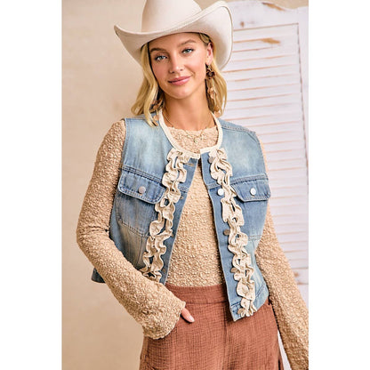 WOMEN WASHED DENIM RUFFLE LAYERING VEST