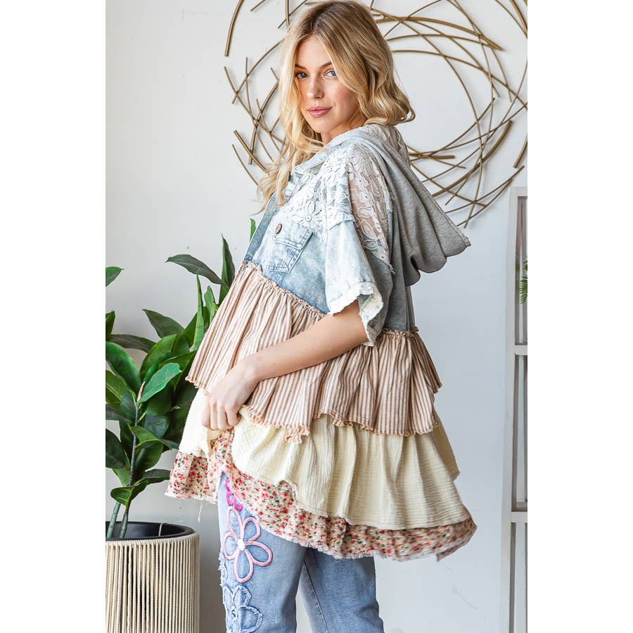 TIERED RUFFLE HOODED SHORT SLEEVE JACKET