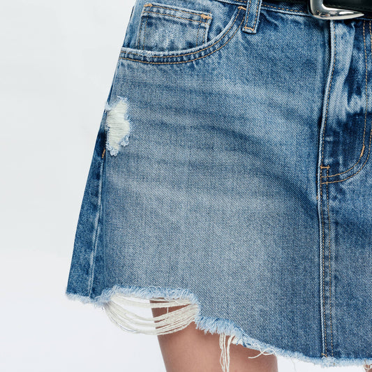 A-LINE DENIM MINI SKIRT WITH FRAYED HEM