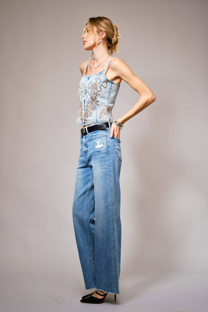 Sequin Bow Embroidered Denim Corset Top