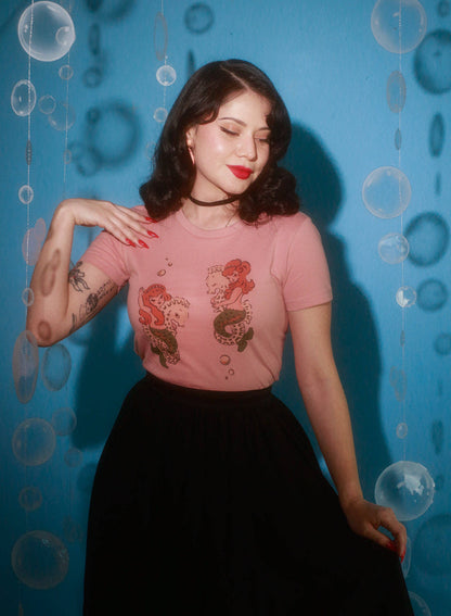 Mermaid Sisters Fitted Tee in Dusty Pink