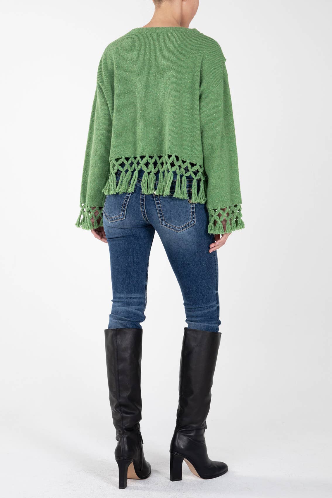 Green Textured Knitted Sweater With Fringe