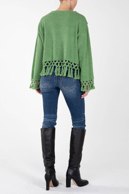 Green Textured Knitted Sweater With Fringe