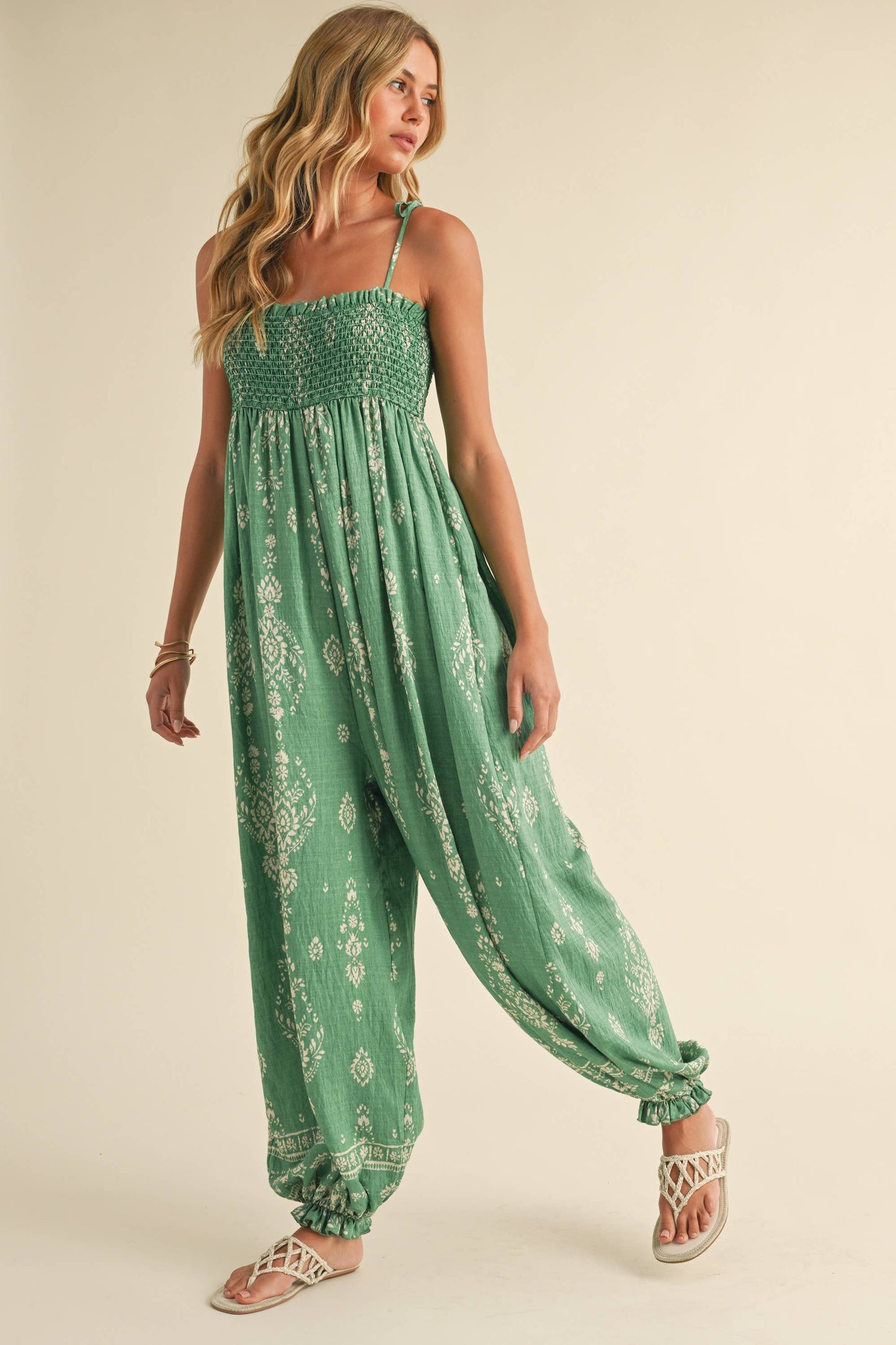GREEN SMOCKED BALLOON JUMPSUIT