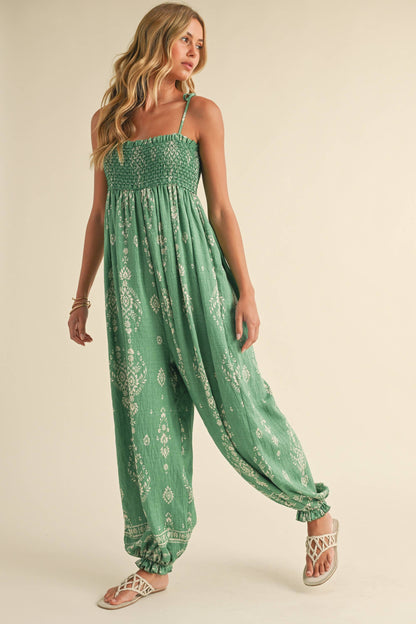 GREEN SMOCKED BALLOON JUMPSUIT