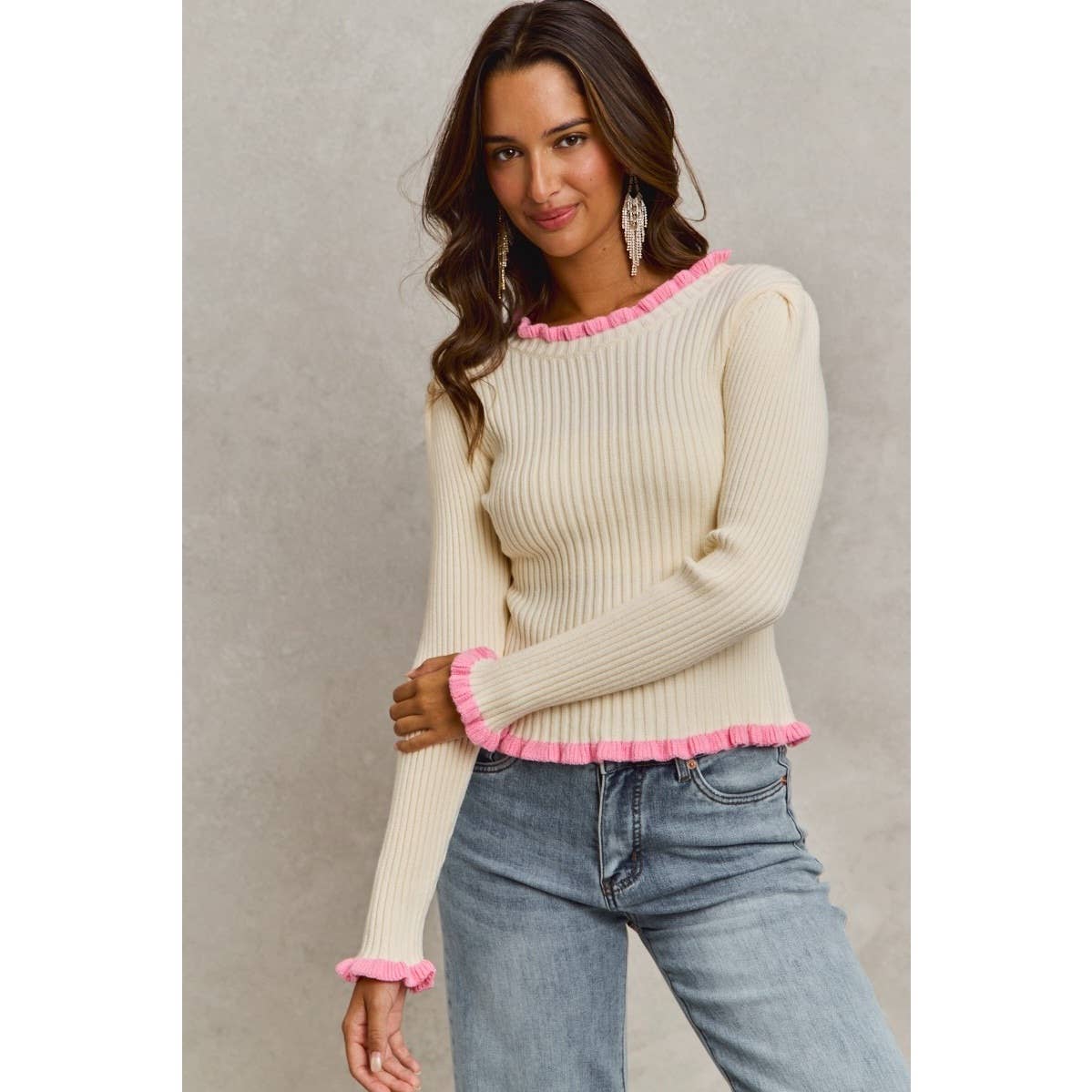 Ruffle Edge Ribbed Sweater Knit Top