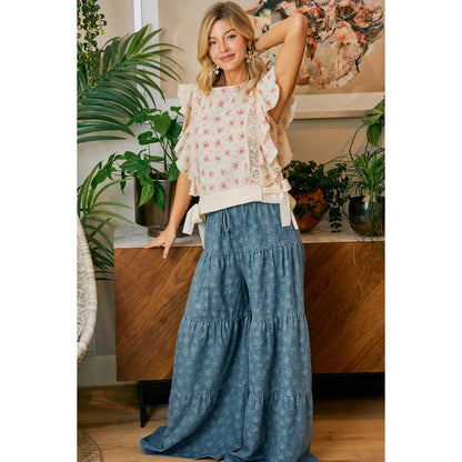 FLORAL TIERED FLARE DENIM PANTS
