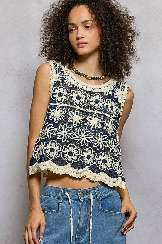 Navy Sleeveless Floral Crochet Top